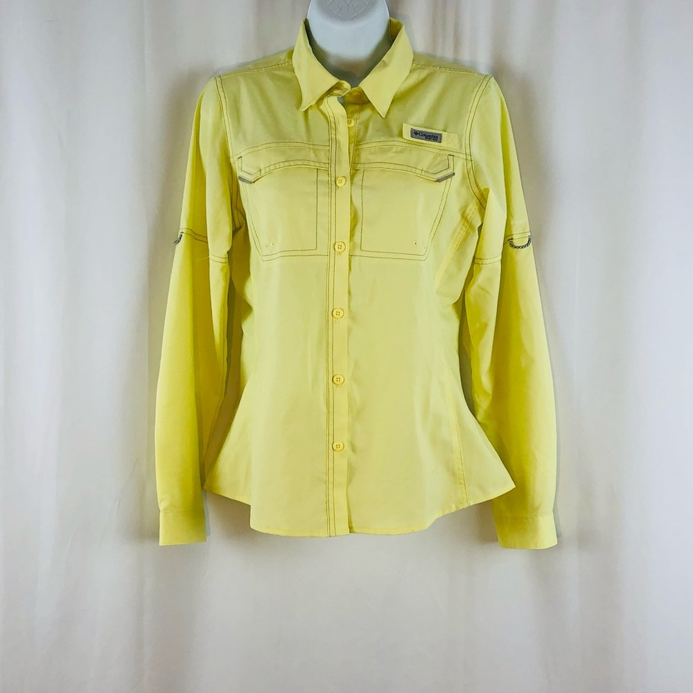 Columbia button front collared roll sleeve top XS